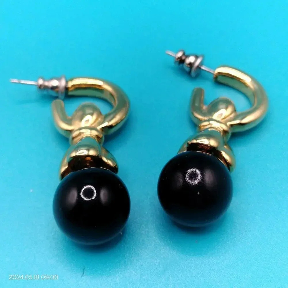 Vtg Unbranded 80s 90s Gold Tone Detachable Black Bead Post Stud Dangle Earrings